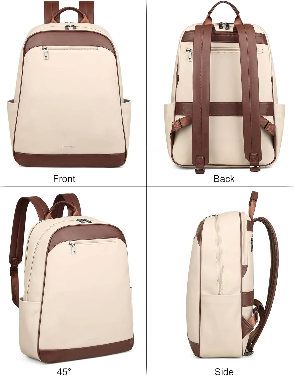 MASINTOR 15.6 inch Leather Laptop Backpack Purse for Women, Designer Travel and Work Bag with Laptop Compartment Beige Brown