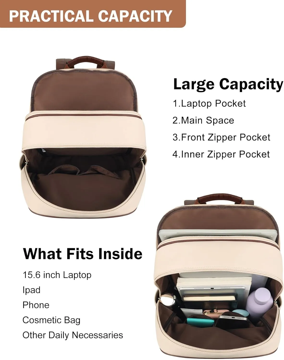 MASINTOR 15.6 inch Leather Laptop Backpack Purse for Women, Designer Travel and Work Bag with Laptop Compartment Beige Brown