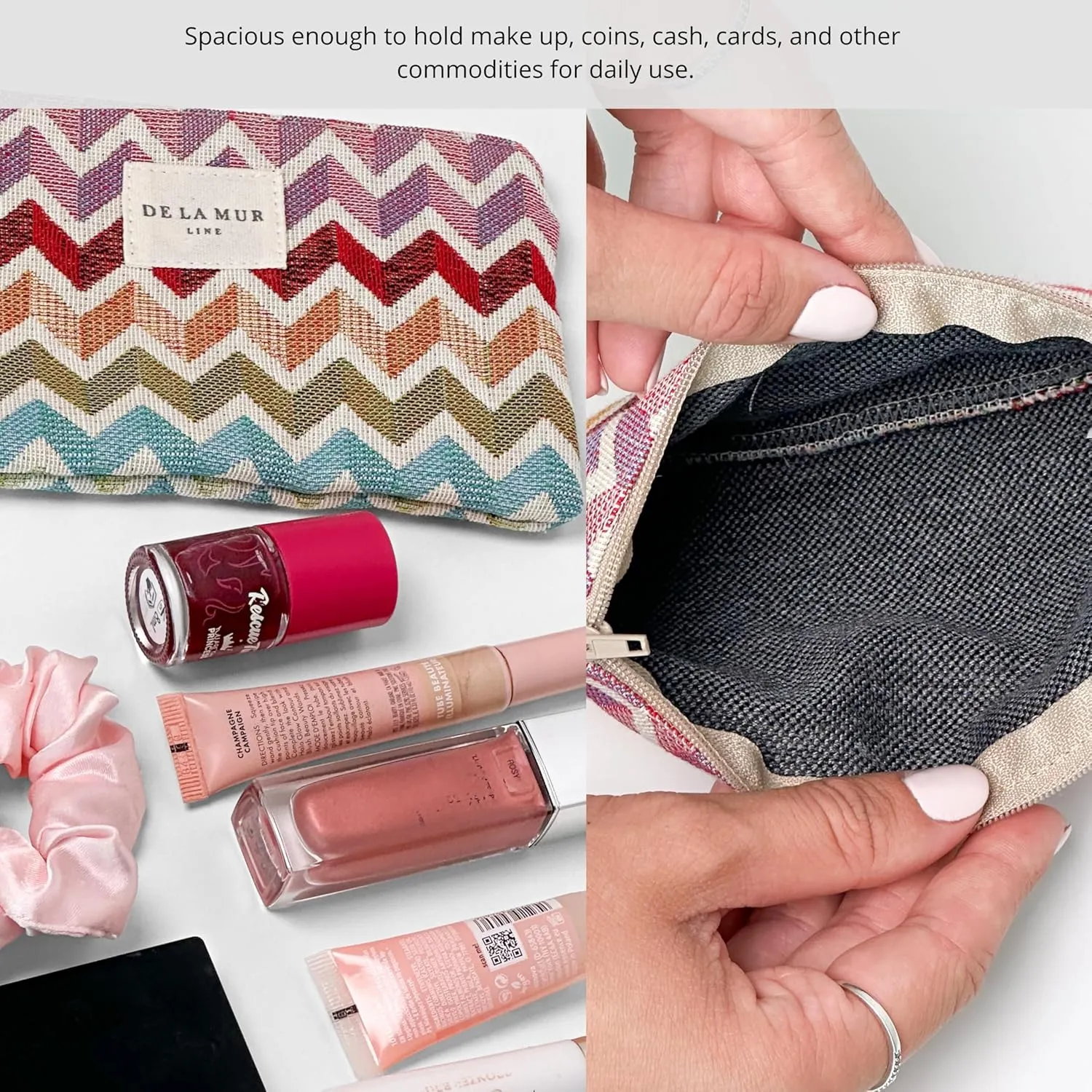 Medium Chevron Travel Size Toiletries Makeup Pouch – Travel Cosmetic Bag, Toiletry Organizer & Coin Purse for Women, Perfect Gifts for Her, Zipper Makeup Bag, Made in Barcelona, Spain