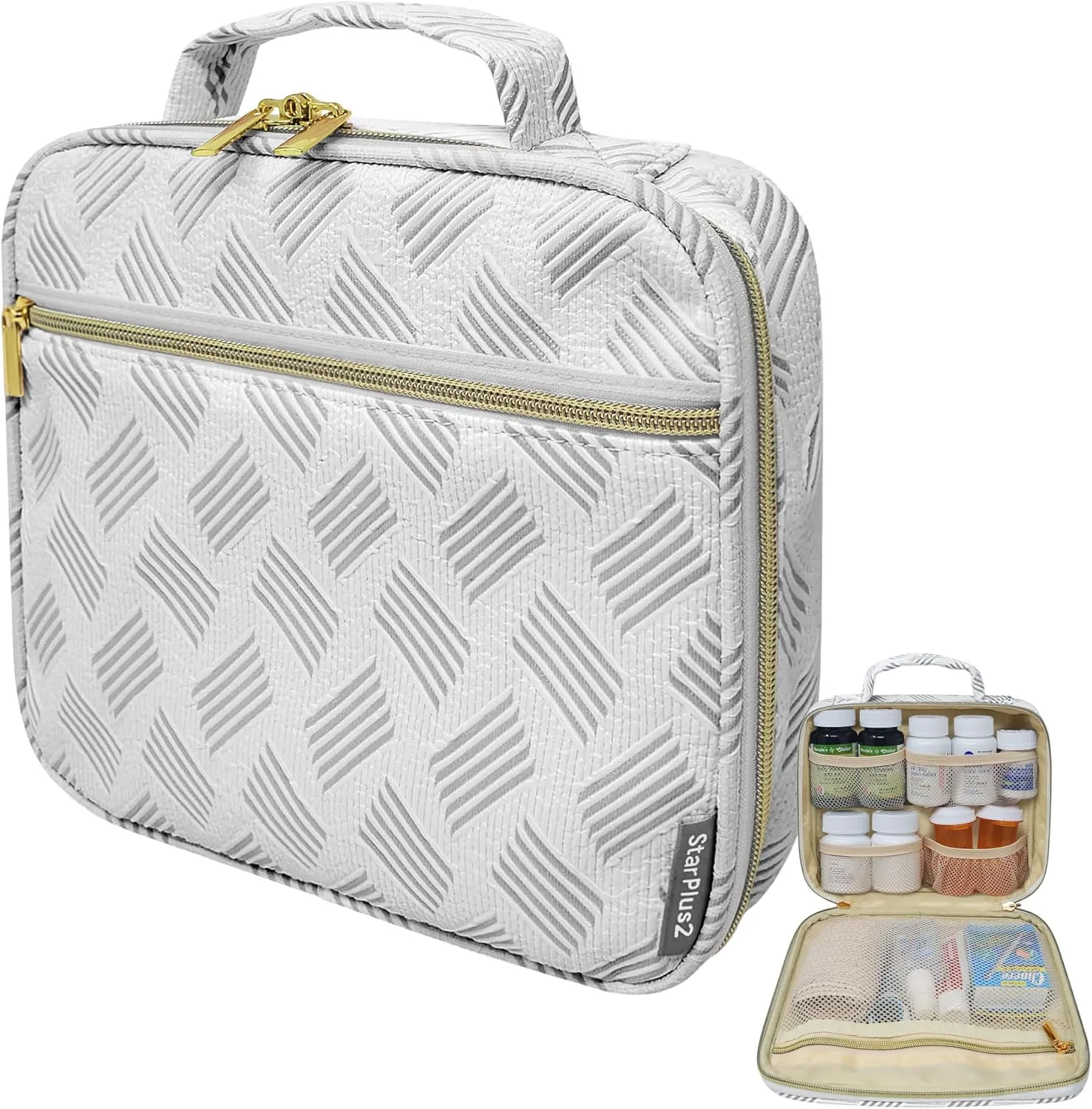 Medium Pill Bottle Organizer, Medicine Bag, Case, Carrier for Medications, Vitamins, and Medical Supplies - Travel Medicine Organizer Home Storage Med Bag - Jacquard Gray (Without Lock)