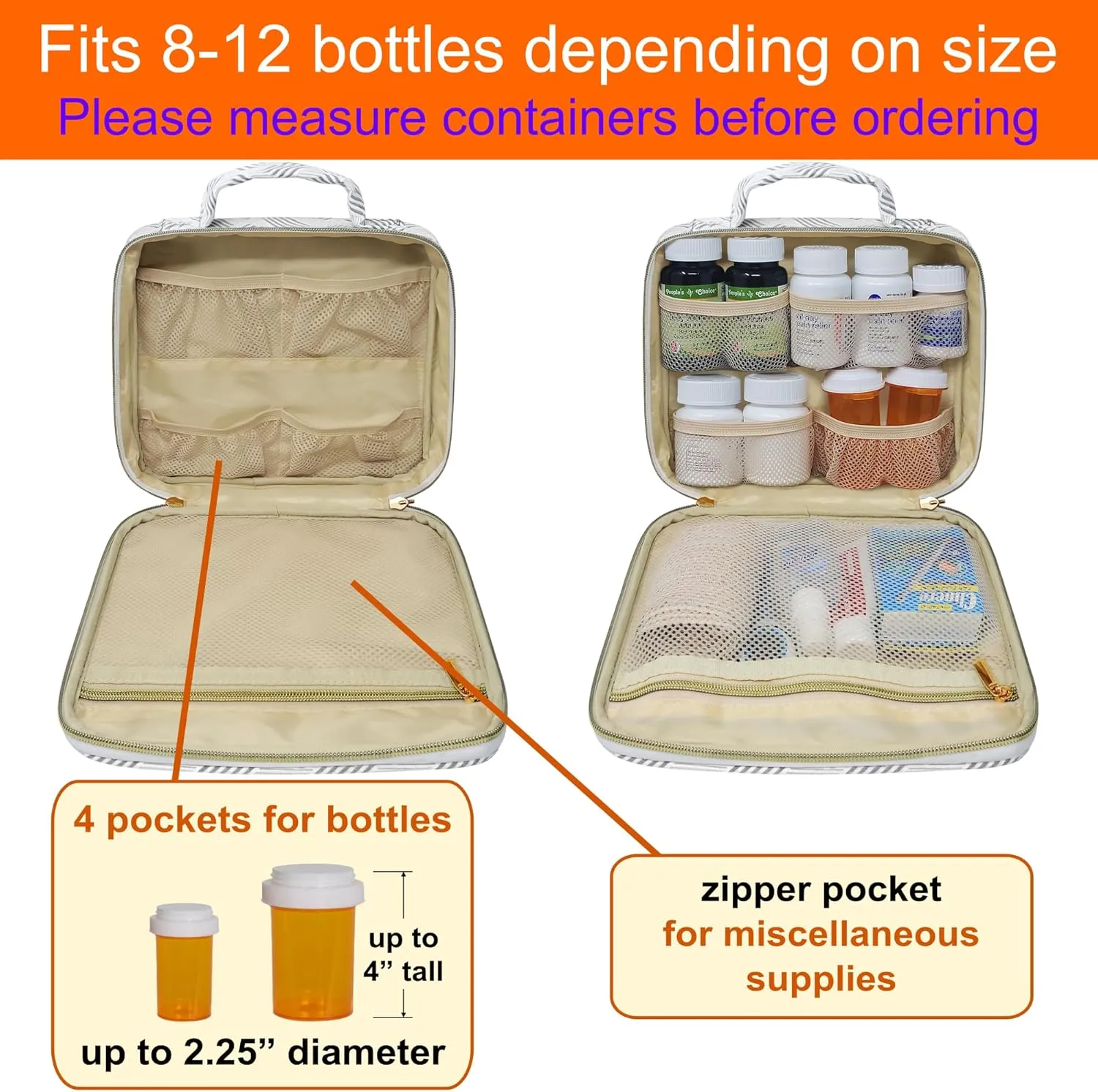 Medium Pill Bottle Organizer, Medicine Bag, Case, Carrier for Medications, Vitamins, and Medical Supplies - Travel Medicine Organizer Home Storage Med Bag - Jacquard Gray (Without Lock)