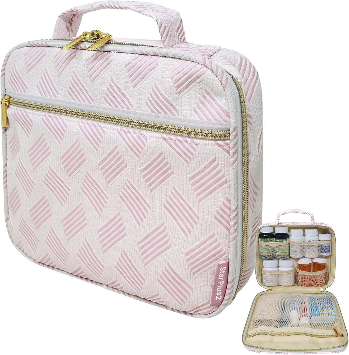 Medium Pill Bottle Organizer, Medicine Bag, Case, Carrier for Medications, Vitamins, and Medical Supplies - Travel Medicine Organizer Home Storage Med Bag - Jacquard Pink (Without Lock)