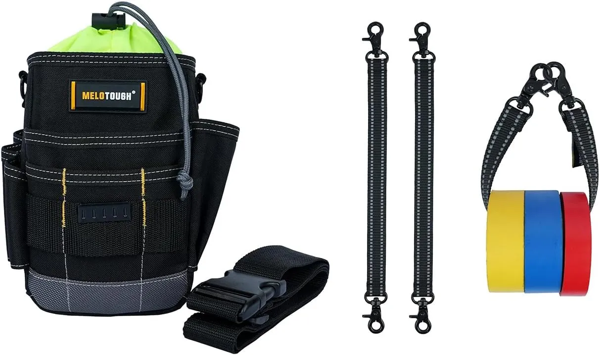MELOTOUGH Tool Belt Pouches Electrician Tool Pouch with Belt Clip, Utility Top Drawstring Organizer Tool Pouch Bag, Electrical Tape Holder Tape Thong with Trigger Snap Hook Electrical Tape Strap
