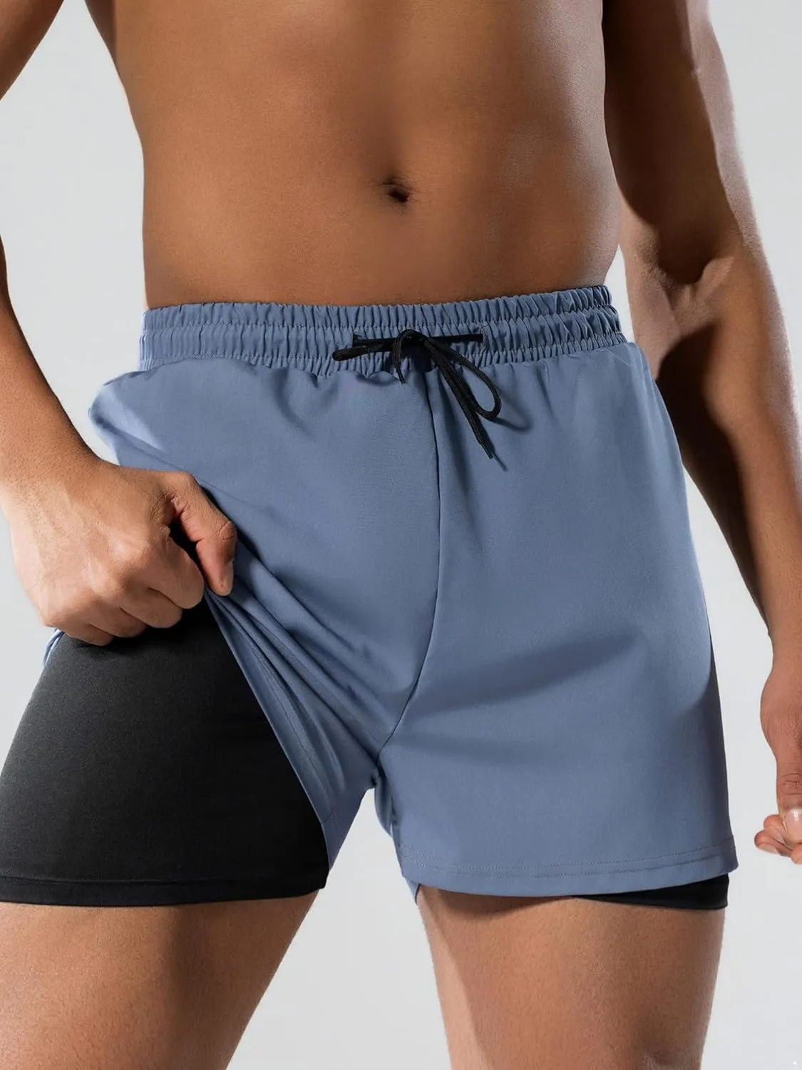 Men Beach Vacation Pool Party Swim Trunks Beachwear Solid Color Double Layers Drawstrings Swim Shorts