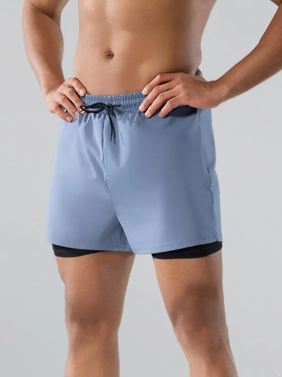 Men Beach Vacation Pool Party Swim Trunks Beachwear Solid Color Double Layers Drawstrings Swim Shorts