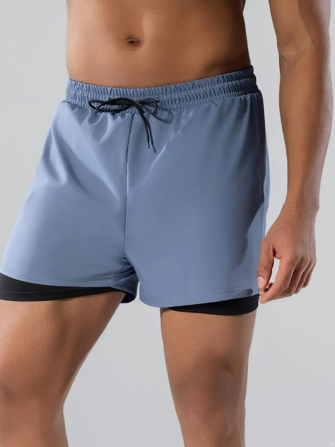 Men Beach Vacation Pool Party Swim Trunks Beachwear Solid Color Double Layers Drawstrings Swim Shorts