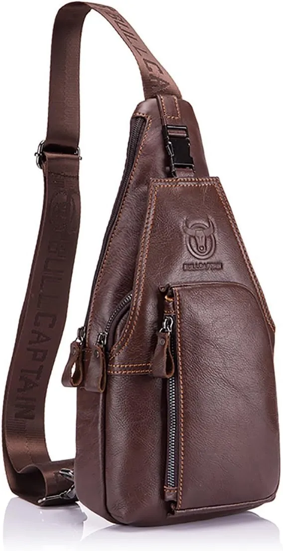 Men Genuine Leather Chest Bag, Crossbody Shoulder Bag Sling Bags Backpack Messenger Bag Daypack For Business Casual Sport Hiking Travel Brown