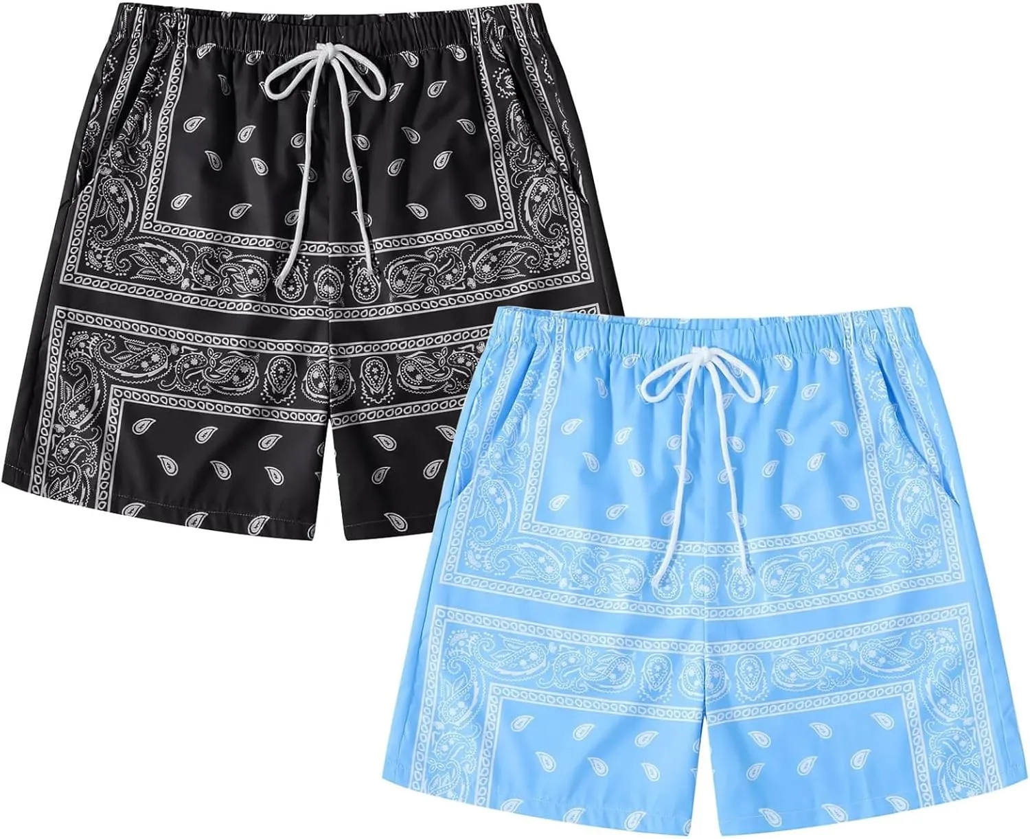 Men's 2 Pack Paisley Print Graphic Shorts Drawstring Waist Boho Tribal Summer Bandana Shorts with Pockets
