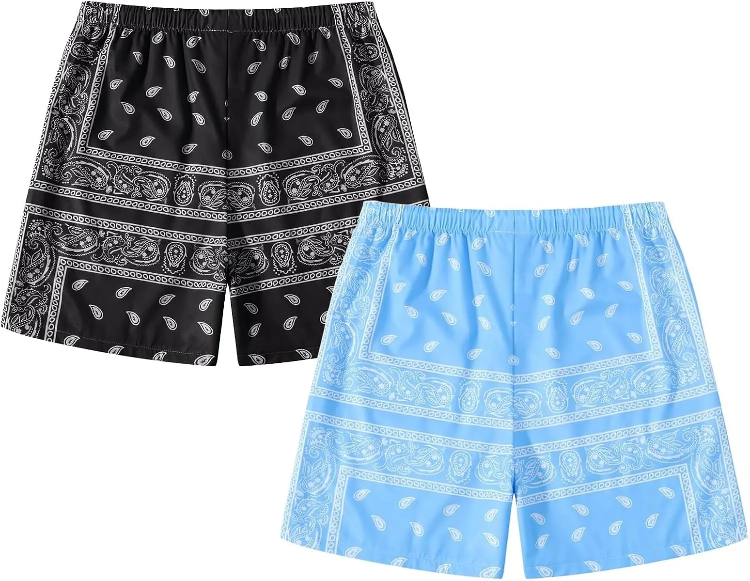 Men's 2 Pack Paisley Print Graphic Shorts Drawstring Waist Boho Tribal Summer Bandana Shorts with Pockets