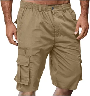 Men's Fashion Button Zipper Cropped Pants Casual Shorts High Elastic Waist Multi-Pocket Straight Leg Comfy Leggings