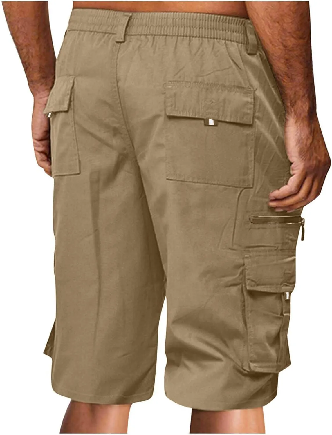 Men's Fashion Button Zipper Cropped Pants Casual Shorts High Elastic Waist Multi-Pocket Straight Leg Comfy Leggings