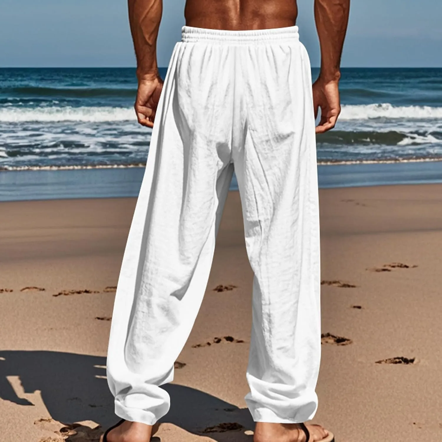 Mens Linen Pants Yoga Beach Loose Fit Casual Summer Elastic Waist Drawstring Baggy Trousers with Pockets