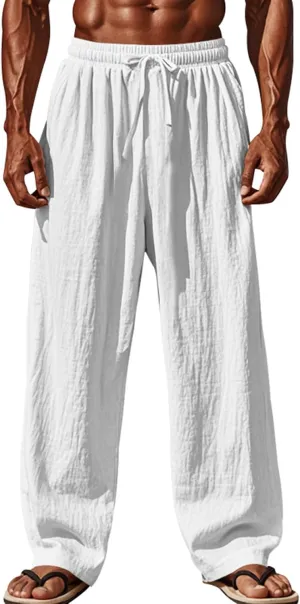 Mens Linen Pants Yoga Beach Loose Fit Casual Summer Elastic Waist Drawstring Baggy Trousers with Pockets
