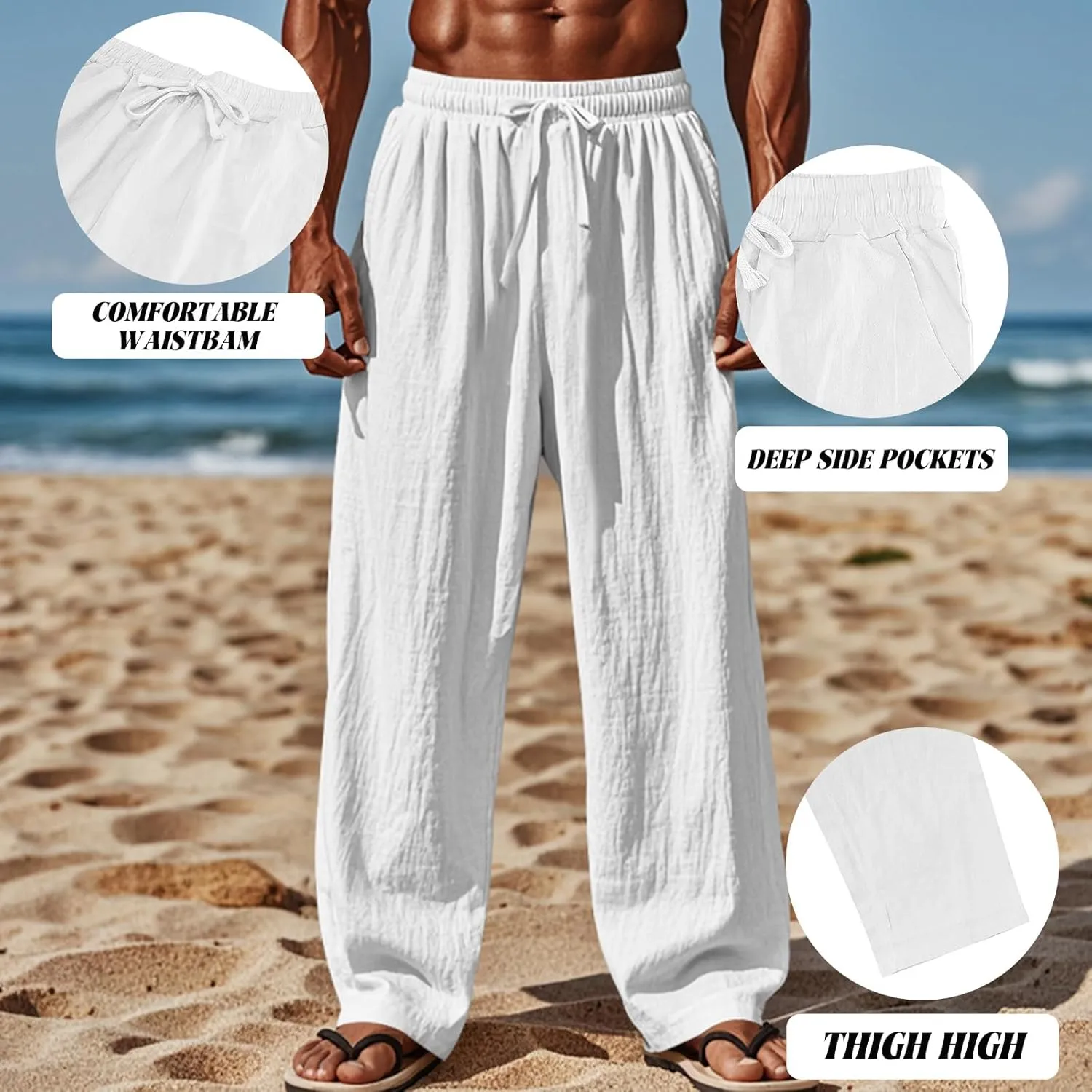 Mens Linen Pants Yoga Beach Loose Fit Casual Summer Elastic Waist Drawstring Baggy Trousers with Pockets