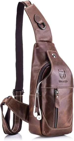 Men's Sling Bag Genuine Leather Chest Shoulder Backpack Cross Body Purse Water Resistant Anti Theft For Travel Hiking School
