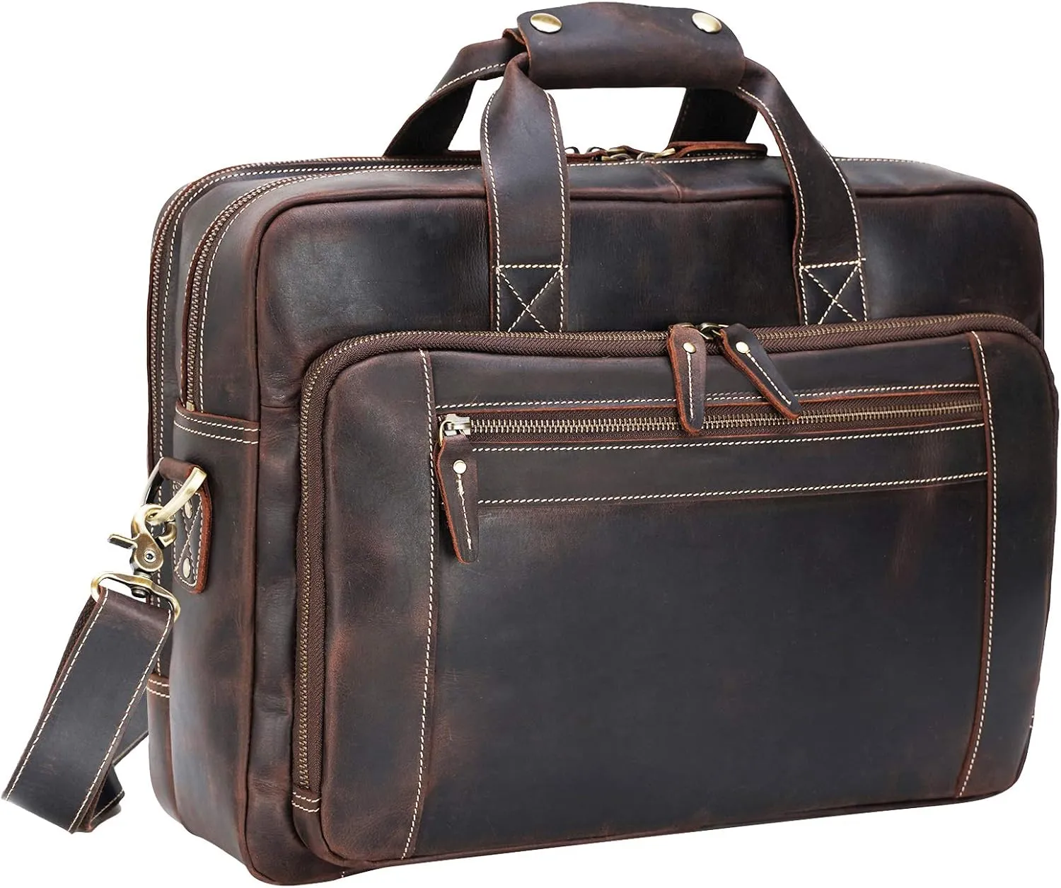 Men's Solid Thick Full Grain Leather 17.3" Laptop Briefcase Classic Messenger Bag Fit Business Travel