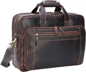 Men's Solid Thick Full Grain Leather 17.3" Laptop Briefcase Classic Messenger Bag Fit Business Travel