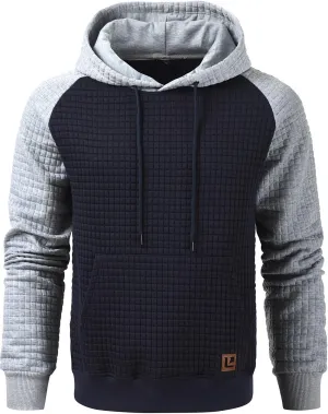 Men’s Sweatshirts Long Sleeve Pullover Patchwork Plaid Jacquard Hoodie Casual Drawstring Hoody Top