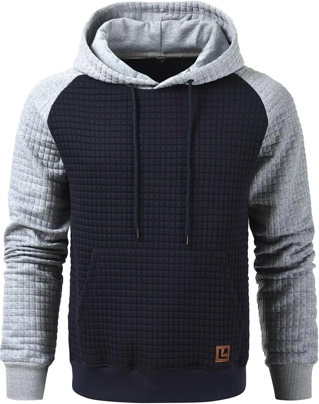 Men’s Sweatshirts Long Sleeve Pullover Patchwork Plaid Jacquard Hoodie Casual Drawstring Hoody Top