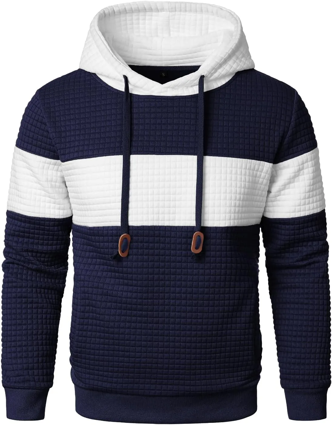 Men’s Sweatshirts Long Sleeve Pullover Patchwork Plaid Jacquard Hoodie Casual Drawstring Hoody Top