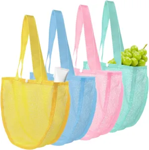 Mesh Beach Toy Bag, Shell Bags for Kids - 4 Piece Foldable Large Beach Bag | Quick Dry Washable Mesh Shoulder Bag for Beach Boat Pool Sports, 4 pieces, Consulte la descripción