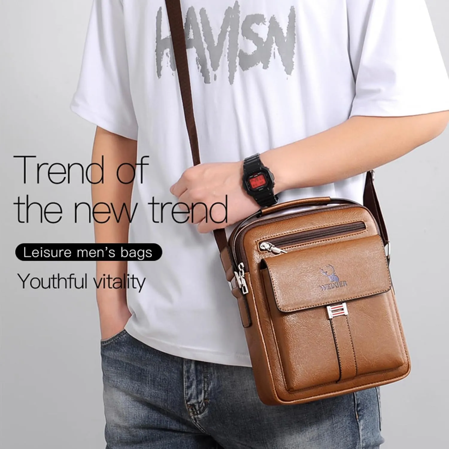 Messenger Bag for Men Crossbody Shoulder Purse Small Vintage PU Leather Satchel Pouch Side Crossover Handbag