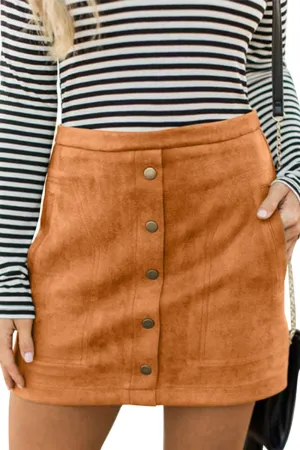 Meyeeka Women's Button Front Faux Suede High Waist A-line Mini Skirt with Pocket