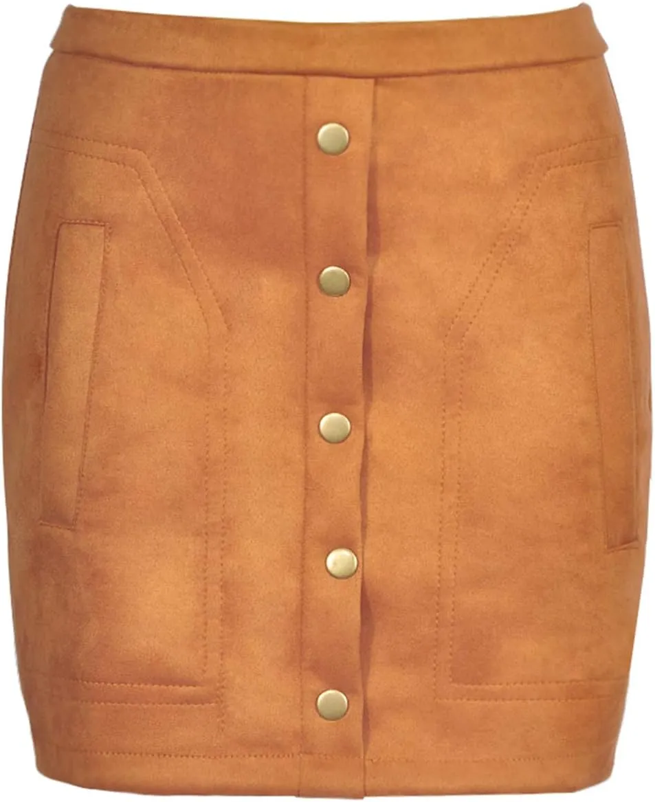 Meyeeka Women's Button Front Faux Suede High Waist A-line Mini Skirt with Pocket