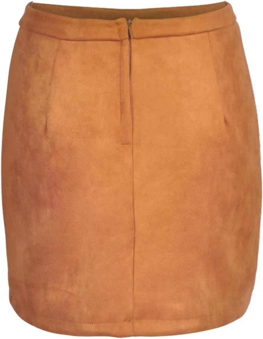 Meyeeka Women's Button Front Faux Suede High Waist A-line Mini Skirt with Pocket