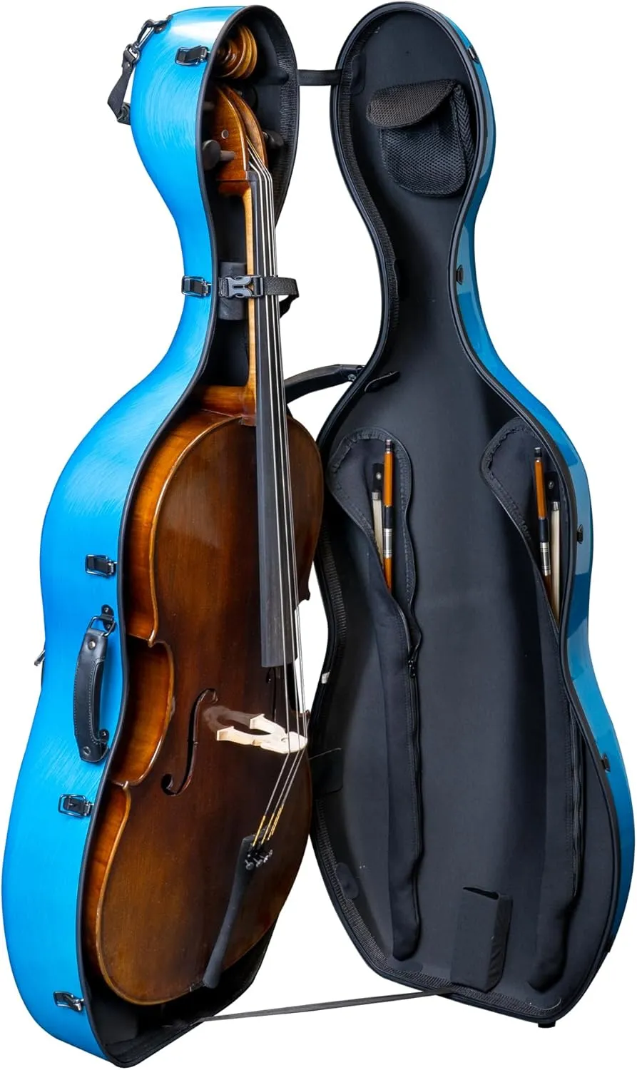 MI&VI Forte Series Hard Cello Case (Full Size) with Wheels — Polycarbonate Tough Shell Case for 4/4 Sized Cellos (Blue)