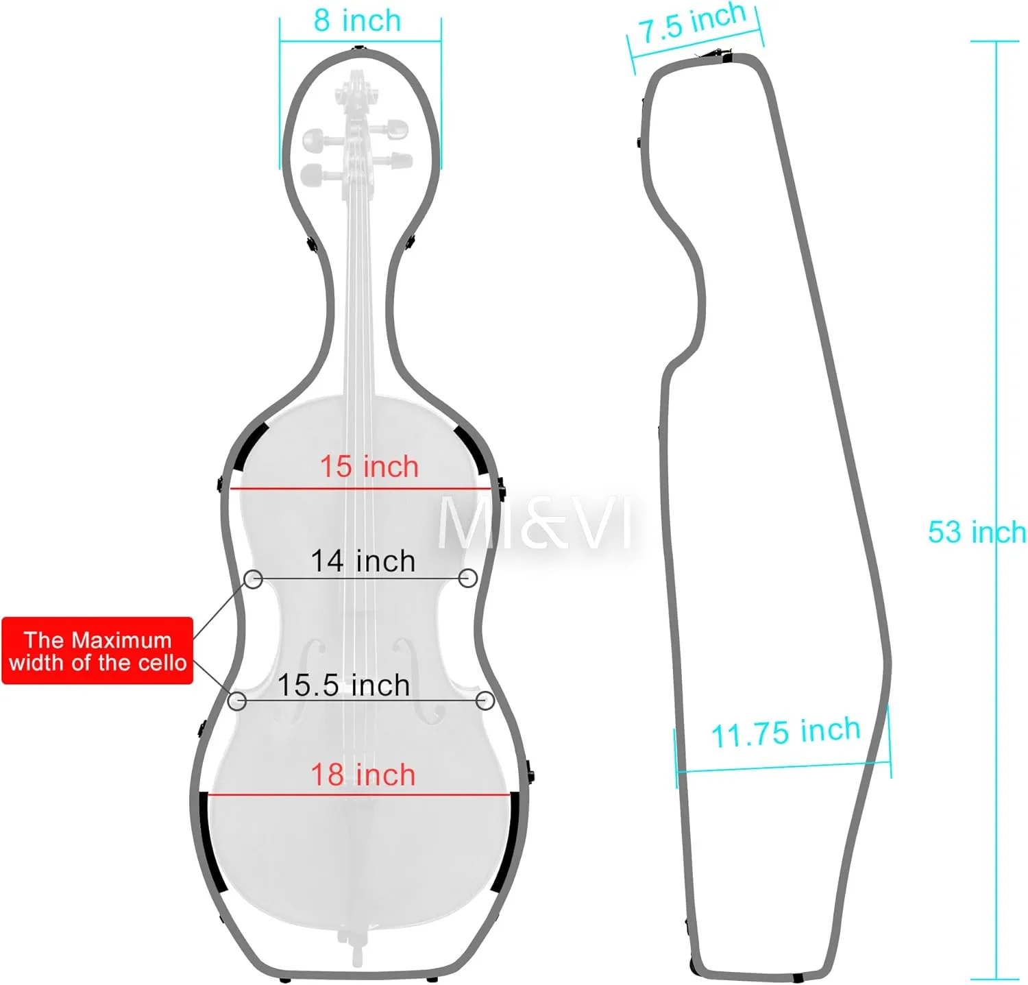 MI&VI Forte Series Hard Cello Case (Full Size) with Wheels — Polycarbonate Tough Shell Case for 4/4 Sized Cellos (Blue)