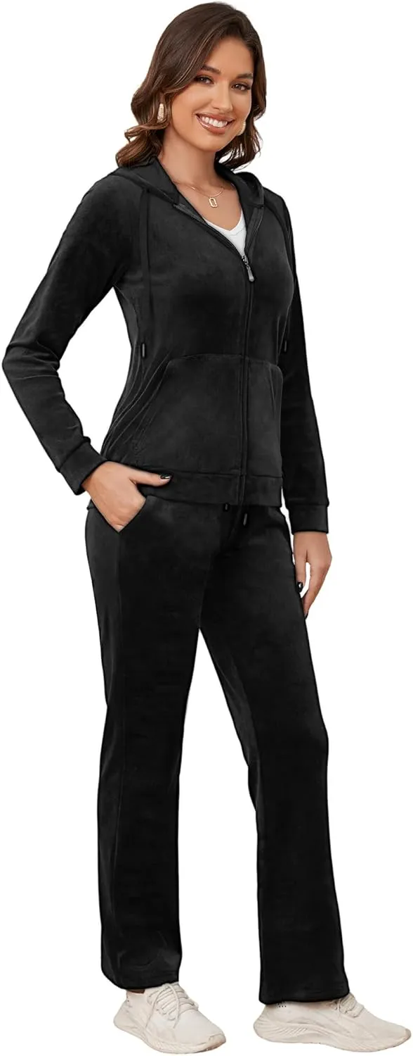 MIDNIGHTSUN Women's Velour Tracksuit 2 Piece Full Zip Hooded Sweatsuits Outfits Velvet Sportswear Jogging Set
