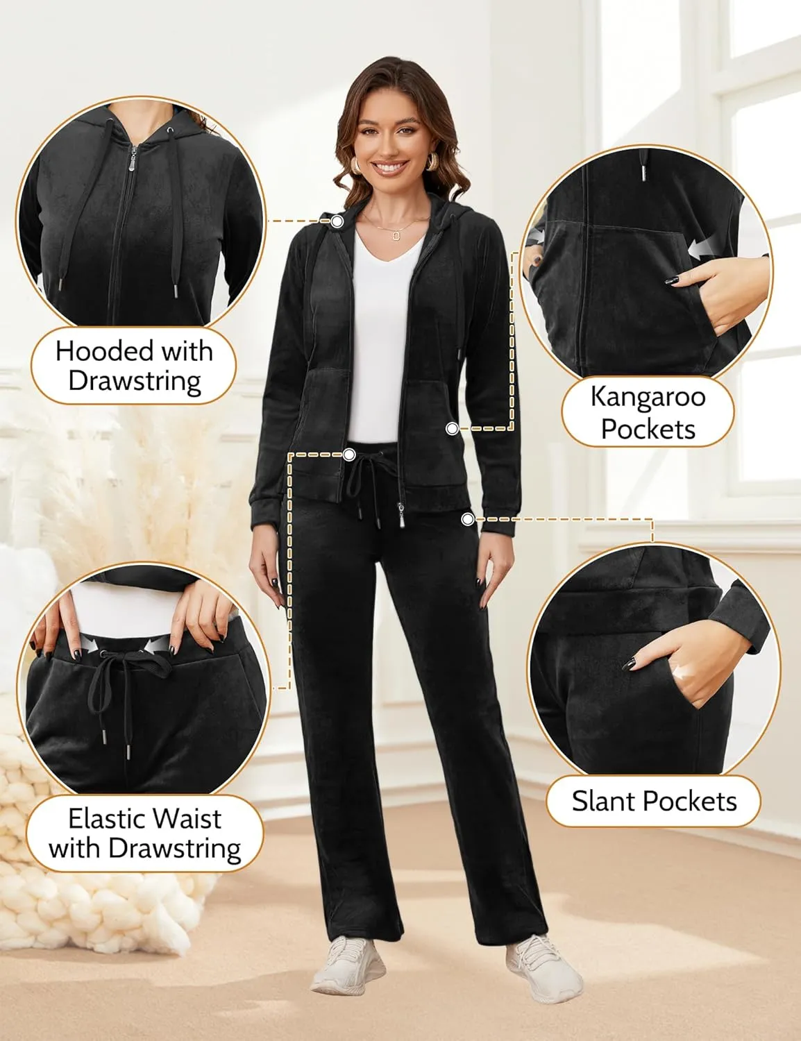 MIDNIGHTSUN Women's Velour Tracksuit 2 Piece Full Zip Hooded Sweatsuits Outfits Velvet Sportswear Jogging Set