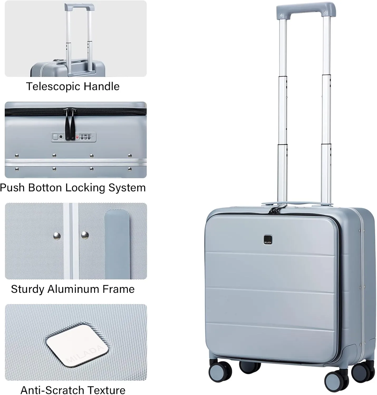MILADA 18 Inch Carry On Luggage Hard Shell Suitcase With Wheels, TSA Travel Bag For Women Men Rolling Aluminum Frame Small Luggage, Grey