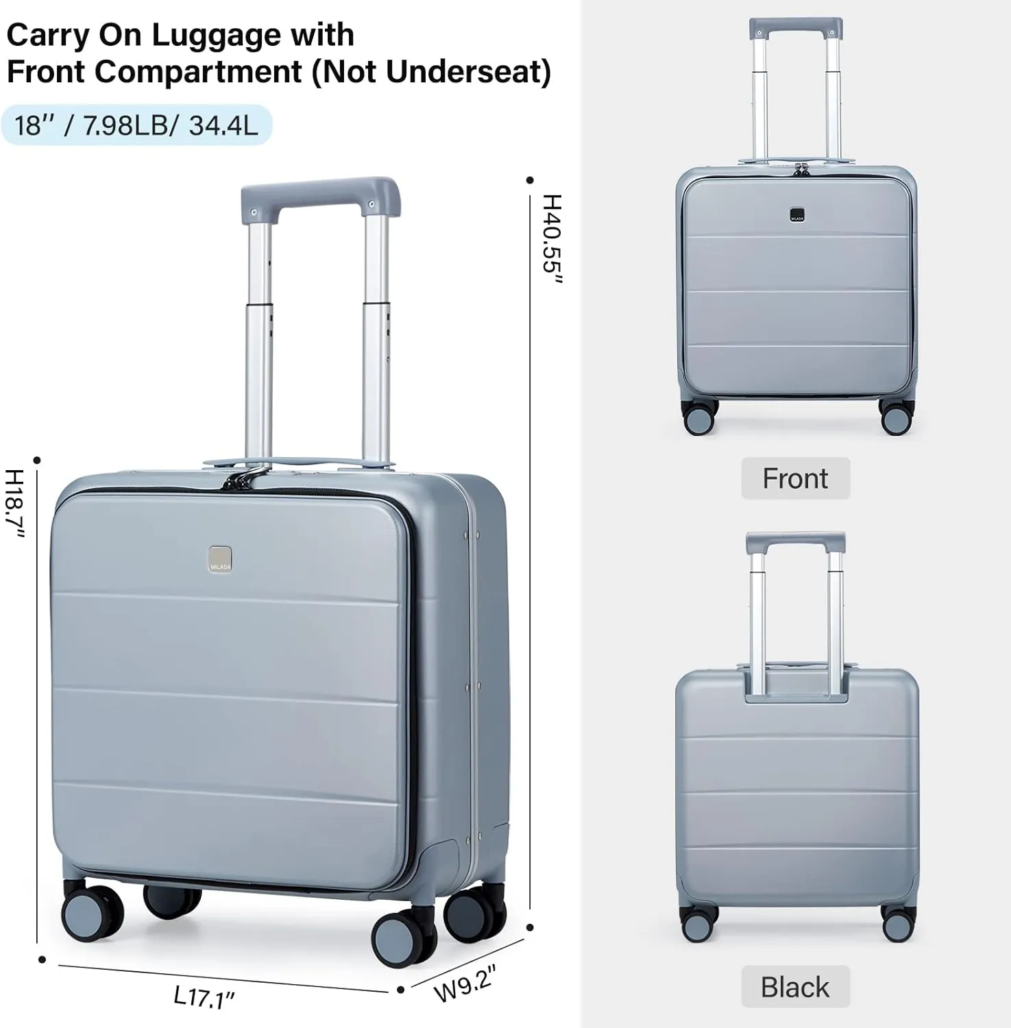 MILADA 18 Inch Carry On Luggage Hard Shell Suitcase With Wheels, TSA Travel Bag For Women Men Rolling Aluminum Frame Small Luggage, Grey