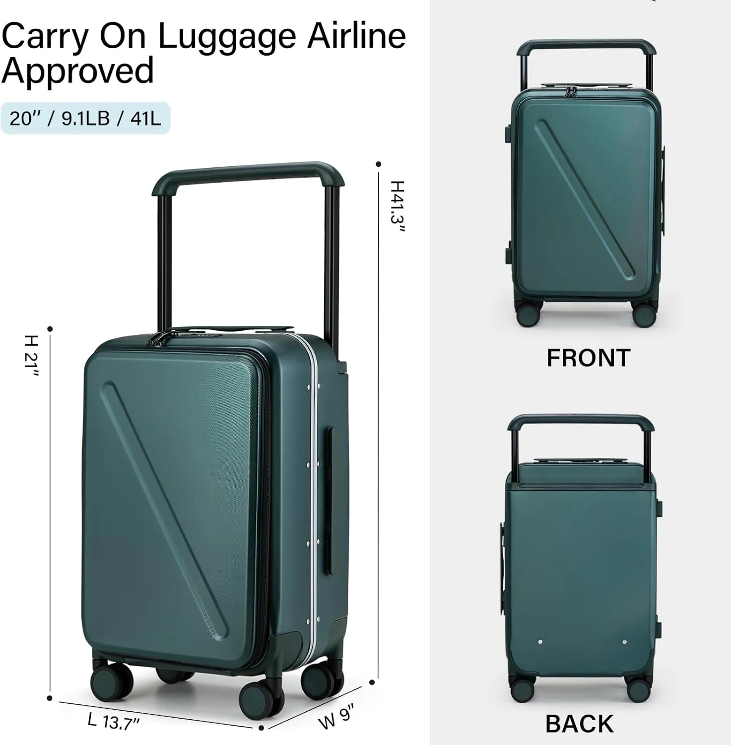 MILADA Luggage Hard Shell Suitcases Airline Approved Carry On Luggage 22x14x9 TSA Approved Luggage 20 Inch Front Opening Pocket Wide Handle Suitcase with Wheels, Blackish Green