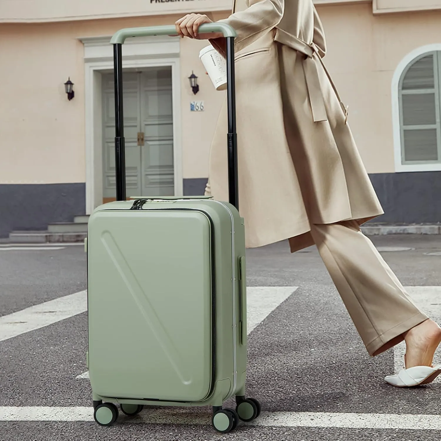 MILADA Luggage Hard Shell Suitcases Airline Approved Carry on Luggage 22x14x9 TSA Approved Luggage 20 Inch Front Opening Pocket Wide Handle Suitcase with Wheels Travel Luggage, Green