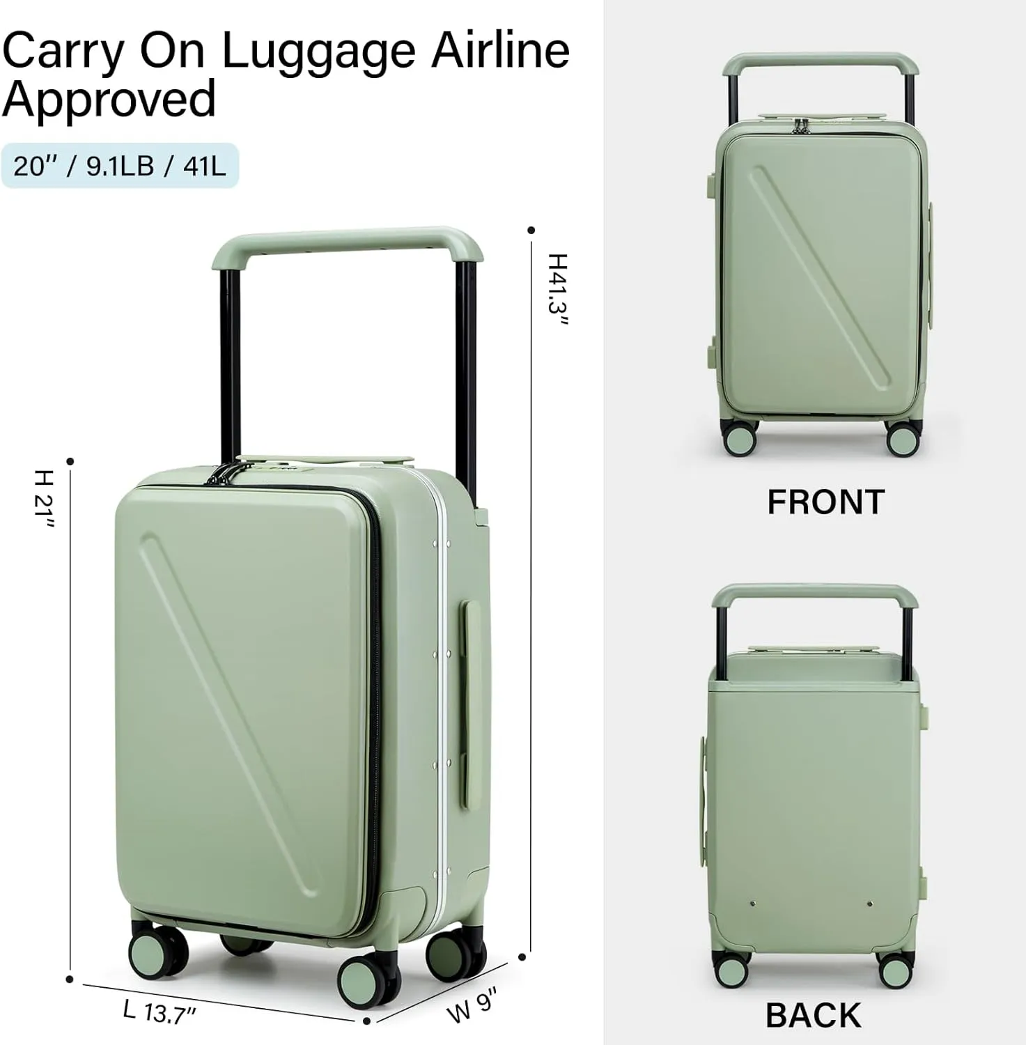 MILADA Luggage Hard Shell Suitcases Airline Approved Carry on Luggage 22x14x9 TSA Approved Luggage 20 Inch Front Opening Pocket Wide Handle Suitcase with Wheels Travel Luggage, Green