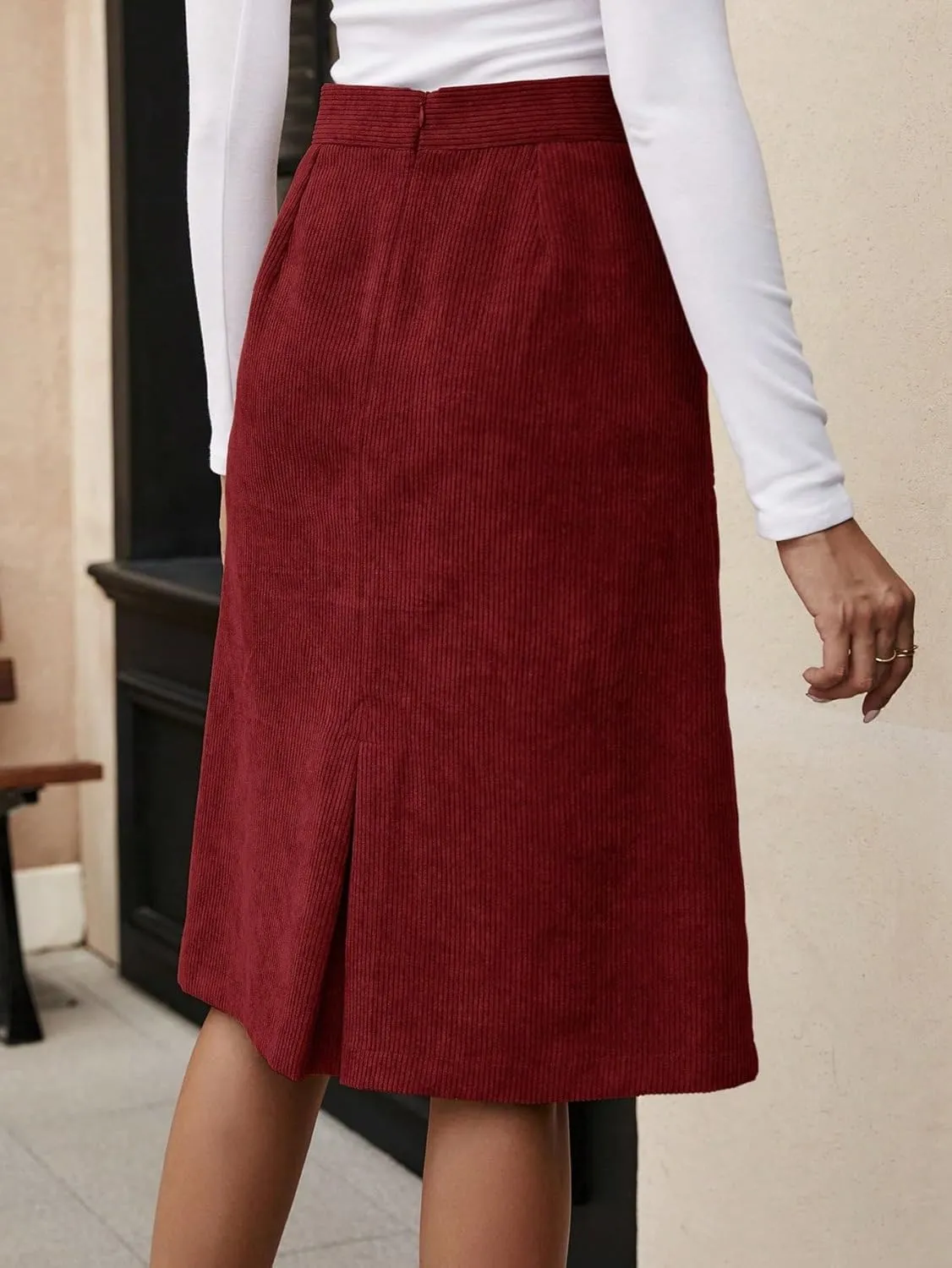 Milumia Women's Corduroy Midi Skirt Slit Back High Waisted Straight Skirts with Pocket