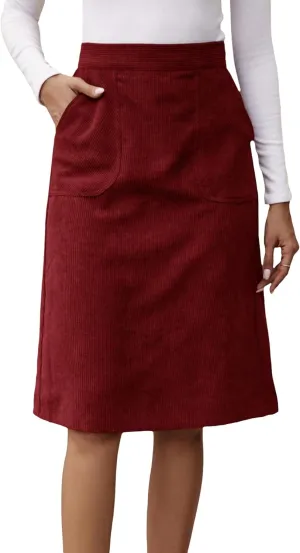 Milumia Women's Corduroy Midi Skirt Slit Back High Waisted Straight Skirts with Pocket
