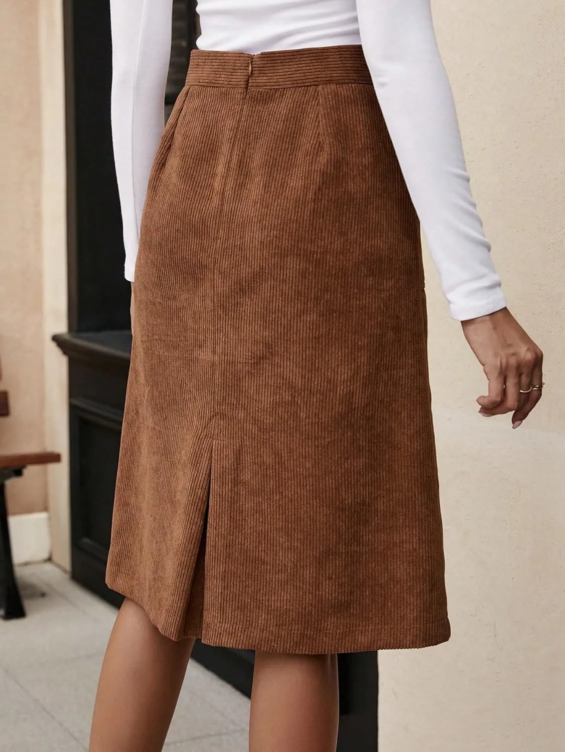 Milumia Women's Corduroy Midi Skirt Slit Back High Waisted Straight Skirts with Pocket