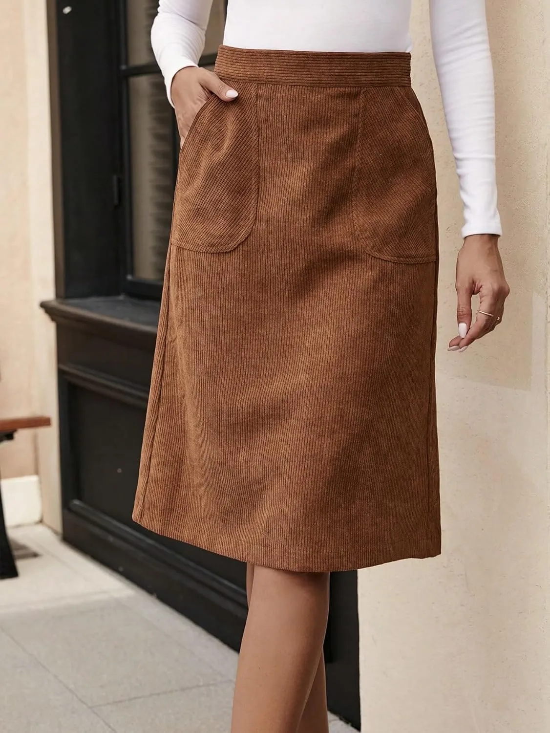 Milumia Women's Corduroy Midi Skirt Slit Back High Waisted Straight Skirts with Pocket