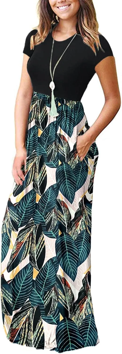 MISFAY Women Short Sleeve Loose Plain Maxi Dresses Casual Long Dresses Pockets