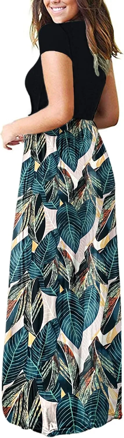 MISFAY Women Short Sleeve Loose Plain Maxi Dresses Casual Long Dresses Pockets
