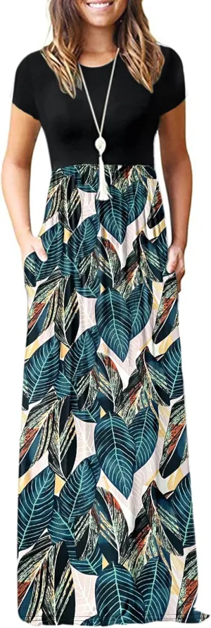 MISFAY Women Short Sleeve Loose Plain Maxi Dresses Casual Long Dresses Pockets