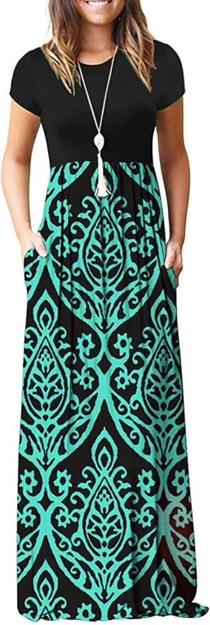 MISFAY Women Short Sleeve Loose Plain Maxi Dresses Casual Long Dresses Pockets