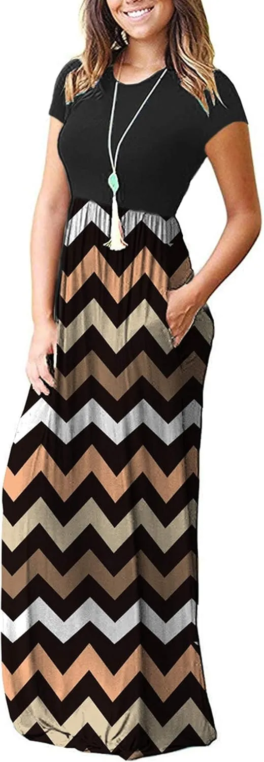 MISFAY Women Short Sleeve Loose Plain Maxi Dresses Casual Long Dresses Pockets