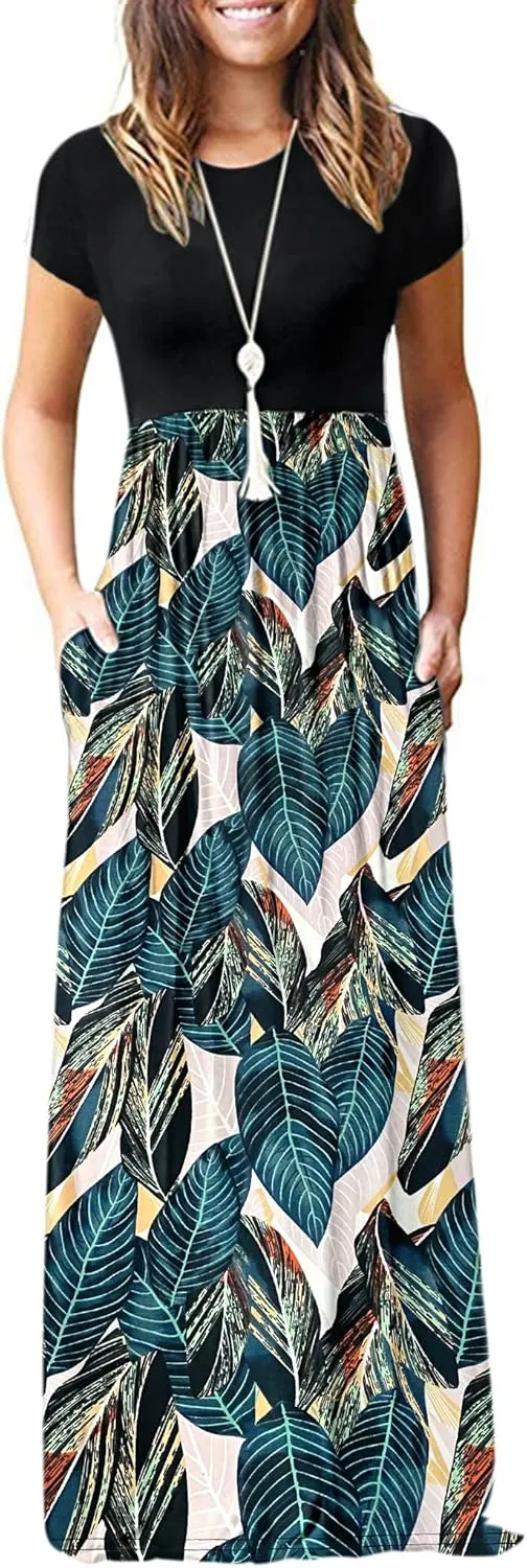 MISFAY Women Short Sleeve Loose Plain Maxi Dresses Casual Long Dresses Pockets