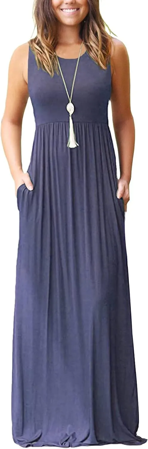 MISFAY Womens Summer Sleeveless Maxi Dress Loose Plain Casual Long Dress with Pockets