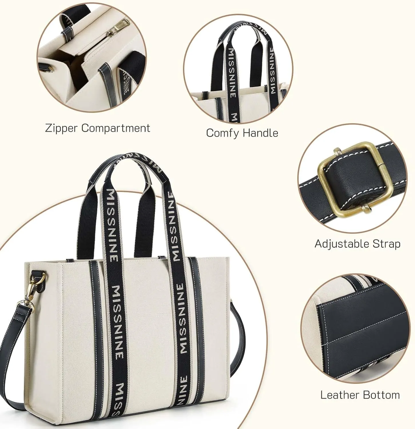Missnine Tote Bag for Women Canvas Top Handle Satchel Purse Trendy Lightweight Hobo Shoulder Bag with Zipper